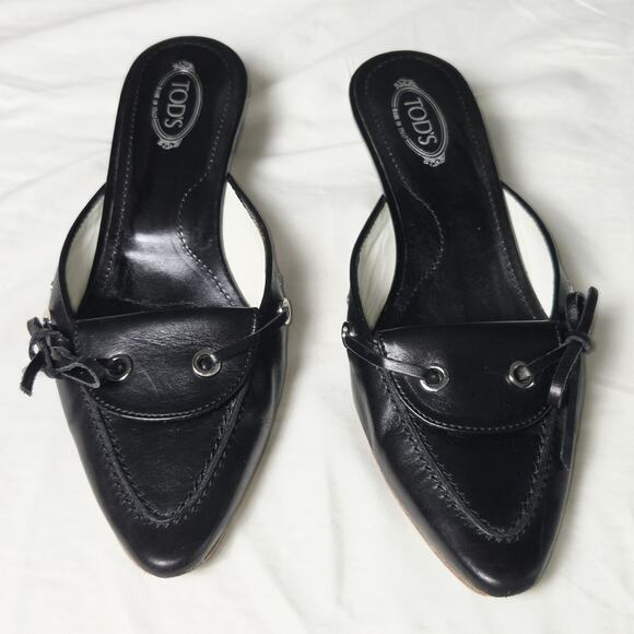 Tod's Shoes - Tod’s Black Leather Backless Pointed Toe Lace Up Mule Kitten Heels Womens 6.5